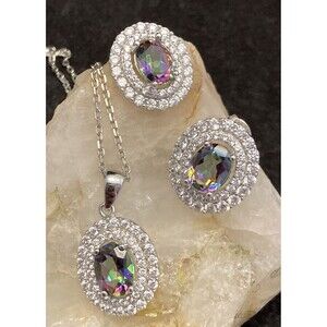 VJ Signed 925 Sterling Silver Quartz & CZ‎ 18'' Necklace & Earrings Set 7.5g